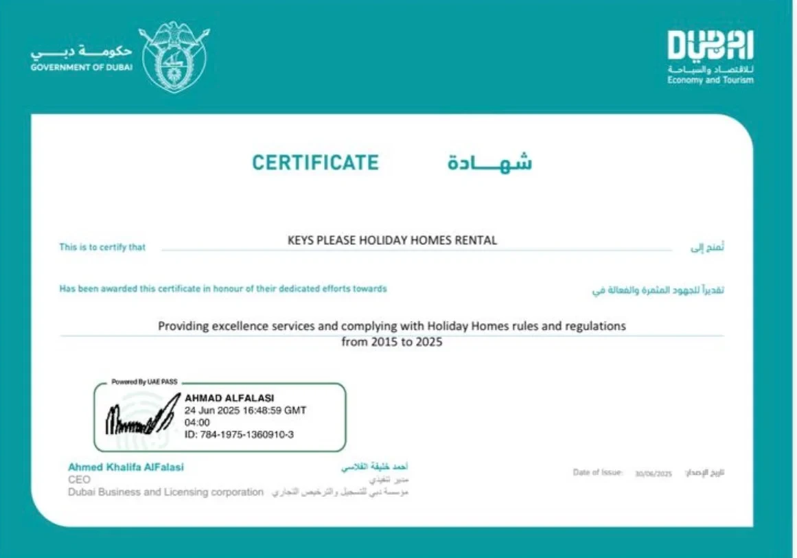 Certificate from the Dubai Department of Economy and Tourism awarded to Keys Please Holiday Homes Rental for excellent service and compliance with Holiday Homes rules, 2015 to 2025